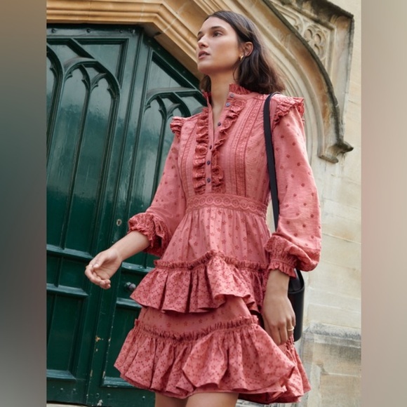 Boden Mixed Broderie Shirt Dress in "Dusty Red" Eyelet Ruffle Size 20 - Picture 1 of 16